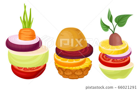 Sliced Fruits and Vegetables Arranged in Pile Vector Set Sliced Fruits and Vegetables Arranged in Pile Vector Set 66021291