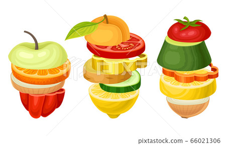 Sliced Fruits and Vegetables Arranged in Pile Vector Set Sliced Fruits and Vegetables Arranged in Pile Vector Set 66021306