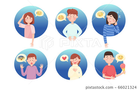 People Characters with Emoji Showing Different Emotional States and Feeling Like Scare and Love Vector Set 66021324