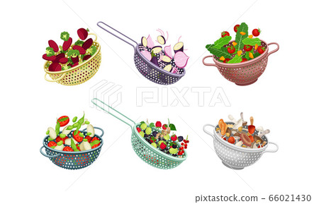 Kitchen Colanders or Strainers with Vegetables and Berries Vector Set Kitchen Colanders or Strainers with Vegetables and Berries Vector Set 66021430