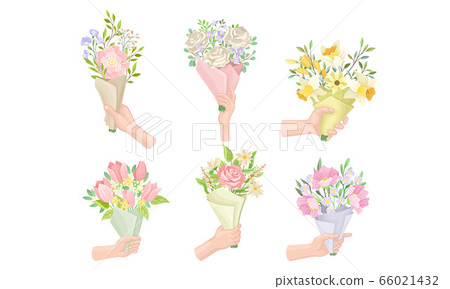 Hands Holding Flower Bouquets Wrapped in Craft Paper Vector Set 66021432