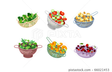 Kitchen Colanders or Strainers with Vegetables and Greenery Vector Set Kitchen Colanders or Strainers with Vegetables and Greenery Vector Set 66021453