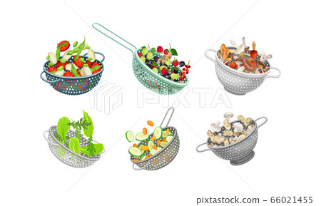 Kitchen Colanders or Strainers with Vegetables and Greenery Vector Set Kitchen Colanders or Strainers with Vegetables and Greenery Vector Set 66021455