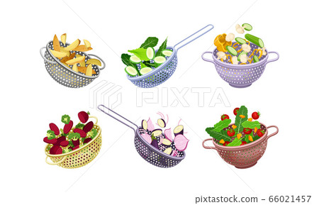 Kitchen Colanders or Strainers with Vegetables and Greenery Vector Set Kitchen Colanders or Strainers with Vegetables and Greenery Vector Set 66021457
