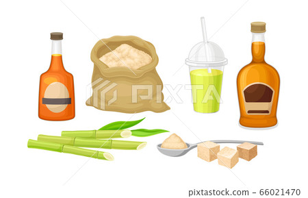 Sugar Cane Unbranched Stems with Leaves and Superfood like Brown Granulated Sugar Vector Set Sugar Cane Unbranched Stems with Leaves and Superfood like Brown Granulated Sugar Vector Set 66021470