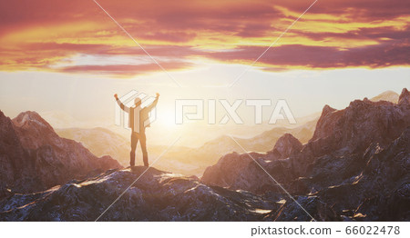 Hiker with arms up outstretched on mountain top looking at inspirational landscape. Inspiration and travel concept. 3d rendering 66022478