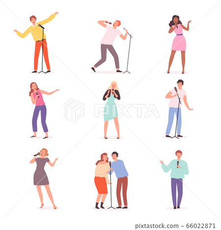 Karaoke singers. People have fun in music club solo concert persons vector male and female characters Karaoke singers. People have fun in music club solo concert persons vector male and female characters 66022871