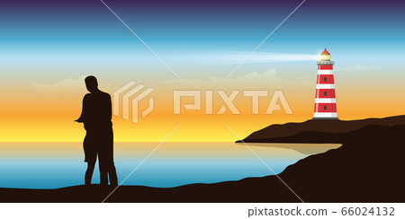 couple in love enjoy the sunset at lighthouse by the ocean couple in love enjoy the sunset at lighthouse by the ocean 66024132