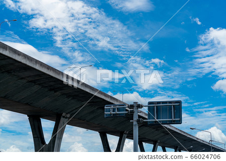 Bottom view of elevated concrete highway. Overpass 66024706