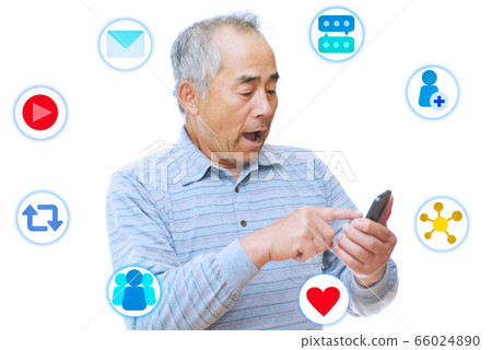 Image of men enjoying SNS on smartphones Image of men enjoying SNS on smartphones 66024890
