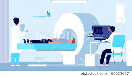 Magnetic resonance imaging. Mri equipment, doctor and patient in tomography machine. Hospital radiology, scan procedure vector illustration Magnetic resonance imaging. Mri equipment, doctor and patient in tomography machine. Hospital radiology, scan procedure vector illustration 66025627