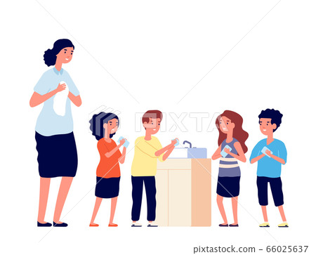 Children washing hands. School kids clean dirty hand in sink. Virus or germs protecting, woman girls and boys hygiene vector illustration 66025637