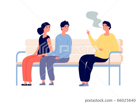 Smoking in public place. Man smoker, couple are passive smokers. Drug or nicotine addiction, people with bad habit. Relaxed guy vector character Smoking in public place. Man smoker, couple are passive smokers. Drug or nicotine addiction, people with bad habit. Relaxed guy vector character 66025640