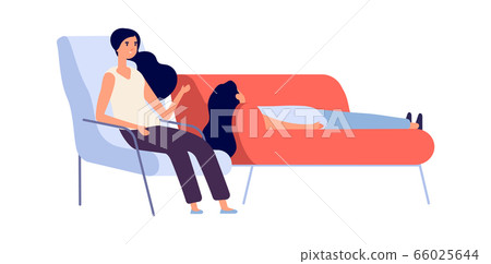 Psychotherapy session. Woman on couch talking with psychotherapist. Flat depressed girl and psychologist. Mental disorder treatment and prevention vector illustration 66025644