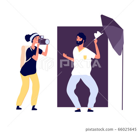 Photo studio. Actor posing photographer. Professional photo session for portfolio with equipment and accessories. Flat style smiling man vector illustration Photo studio. Actor posing photographer. Professional photo session for portfolio with equipment and accessories. Flat style smiling man vector illustration 66025645