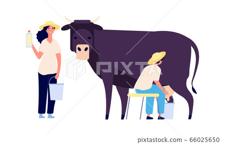 Milk farm characters. Flat cow, woman with bottle. Fresh organic products, raw for market. Isolated agricultural people working vector illustration 66025650
