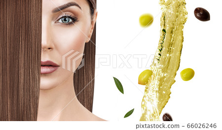 Flying green olive splash near woman with long hair. Flying green olive splash near woman with long hair. 66026246