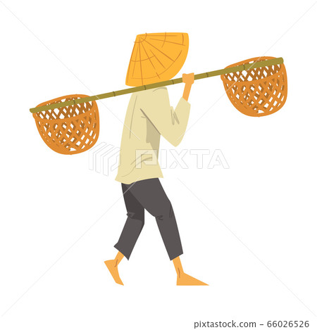 Asian Farmer in Straw Conical Hat Carrying Long Pole with Wicker Baskets on his Shoulders Cartoon Style Vector Illustration on White Background Asian Farmer in Straw Conical Hat Carrying Long Pole with Wicker Baskets on his Shoulders Cartoon Style Vector Illustration on White Background 66026526