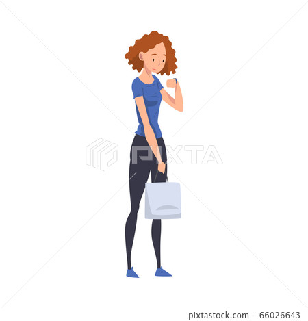 Young Woman in Casual Clothes Standing with Bag, Girl Spending Time in Expectation Cartoon Vector Illustration 66026643