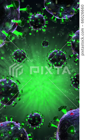 3d render of pathogenic virus organism or bacteria infecting and causing disease. Close up from microscope of coronavirus. 66026660