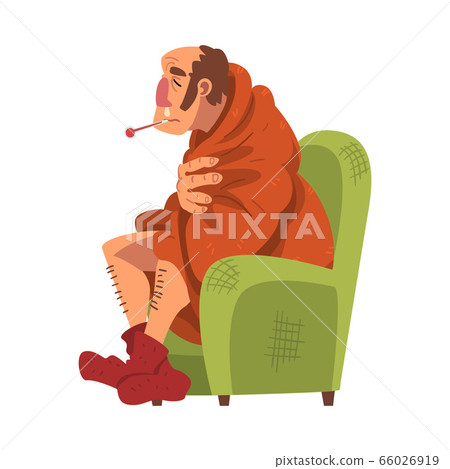 Sick Man Sitting on Armchair Wrapped in Plaid, Guy with Flu Wearing Knitted Socks Measuring Temperature with Thermometer Cartoon Vector Illustration Sick Man Sitting on Armchair Wrapped in Plaid, Guy with Flu Wearing Knitted Socks Measuring Temperature with Thermometer Cartoon Vector Illustration 66026919