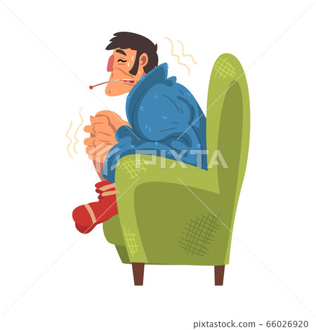 Unhappy Sick Man Sitting on Armchair Wrapped in Plaid, Guy with Flu Wearing Knitted Socks Measuring Temperature with Thermometer Cartoon Vector Illustration Unhappy Sick Man Sitting on Armchair Wrapped in Plaid, Guy with Flu Wearing Knitted Socks Measuring Temperature with Thermometer Cartoon Vector Illustration 66026920