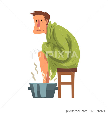Sick Man with Runny Nose Sitting under Cozy Plaid, Guy Heating his Feet in Basin with Hot Water Cartoon Vector Illustration Sick Man with Runny Nose Sitting under Cozy Plaid, Guy Heating his Feet in Basin with Hot Water Cartoon Vector Illustration 66026921