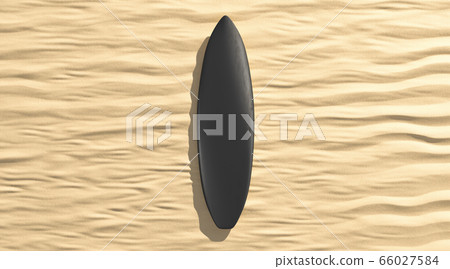Blank black surfboarf lying on sand mock up, top view 66027584