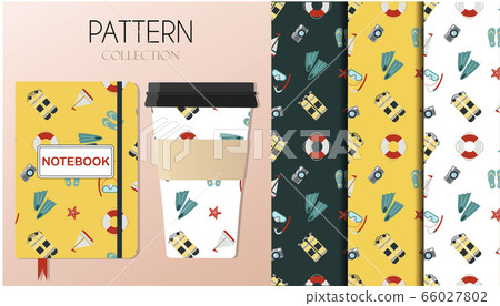 A pattern with summer accessories a swimsuit, surfboard, flip-flops, a set for snorkeling ice cream and cooling drinks. The background is depicted on a notebook and coffee cups. Background for flat 66027802