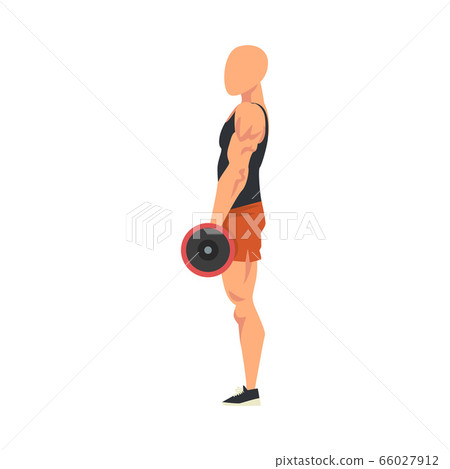 Man Standing with Barbell, Side View of Male Athlete Doing Sports for Fit Body, Buttock Workout Vector Illustration on White Background 66027912