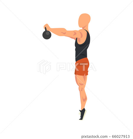 Man Lifting Kettlebell, Male Athlete Doing Sports for Fit Body, Buttock Workout Vector Illustration on White Background 66027913
