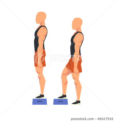 Man Doing Exercise Using Steps Platform in Two Steps, Male Athlete Doing Sports for Fit Body, Buttock Workout Vector Illustration on White Background 66027938
