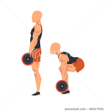 Man Doing Squats with Barbell in Two Steps, Male Athlete Doing Sports for Fit Body, Buttock Workout Vector Illustration on White Background 66027940