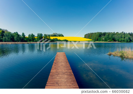 Wooden bridge on the lake in spring 66030082