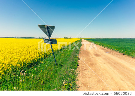 Road sign on the edge of a dirt road in a field 66030083