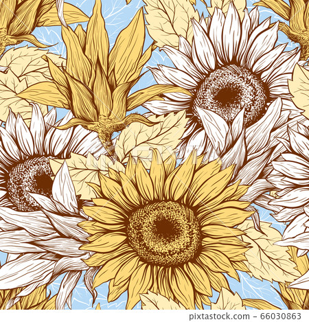 Sunflowers field seamless vector pattern for fabric textile design. Flat colors, easy to print. Sunflowers field seamless vector pattern for fabric textile design. Flat colors, easy to print. 66030863