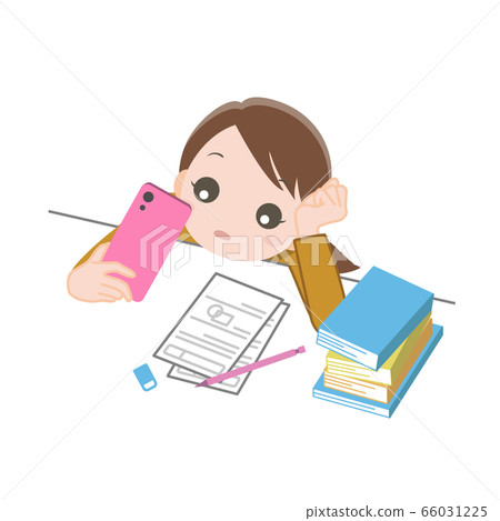 Girl with a cane looking at a smartphone untidy Girl with a cane looking at a smartphone untidy 66031225