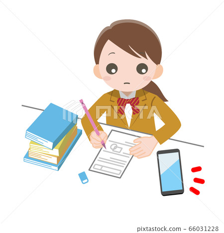 Girl studying at the desk cares about the smartphone Girl studying at the desk cares about the smartphone 66031228