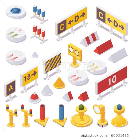 Isometric set of airport lights, taxiway signs, 66031485