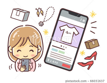Illustration of a woman operating Netflima (net auction) on a smartphone (no text) Illustration of a woman operating Netflima (net auction) on a smartphone (no text) 66031637