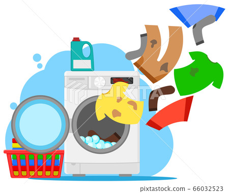 Dirty clothes flies in the washing machine on a Dirty clothes flies in the washing machine on a 66032523