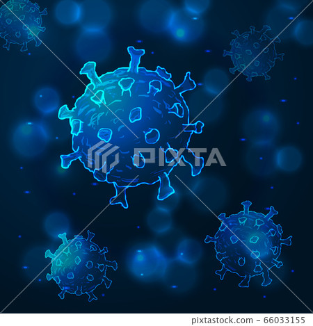 Coronavirus Cells or Bacteria Molecule. Virus COVID-19 Cell in Spherical Shape. Abstract Illustration in Blue Tints on dark background Coronavirus Cells or Bacteria Molecule. Virus COVID-19 Cell in Spherical Shape. Abstract Illustration in Blue Tints on dark background 66033155