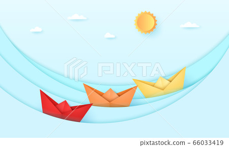 Seascape, Sea with origami boat and with bright sun and sky, ocean waves, paper art style 66033419