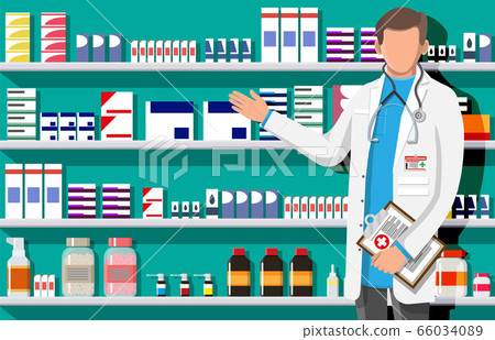 Modern interior of pharmacy and male pharmacist. Modern interior of pharmacy and male pharmacist. 66034089