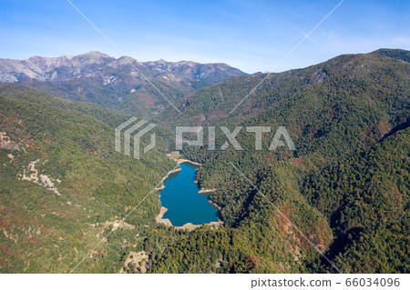Mounains Lagoon Embalse Bullileo en region Maule, Chile. Aerial drone view 66034096