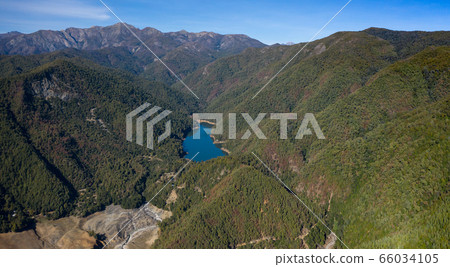 Mounains Lagoon Embalse Bullileo en region Maule, Chile. Aerial drone view Mounains Lagoon Embalse Bullileo en region Maule, Chile. Aerial drone view 66034105