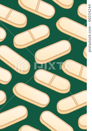 Flat style oval beige pills seamless pattern on green background Flat style oval beige pills seamless pattern on green background 66034244