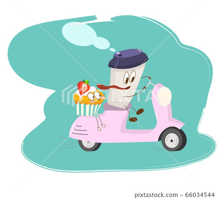 coffee Cup character carries a cupcake on a pink 66034544