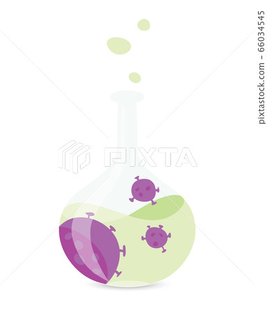glass flask with green potion and coronavirus 66034545