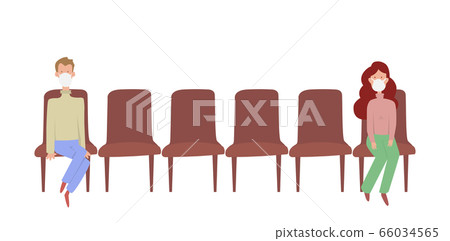 Two people sitting distance apart on row of chairs Two people sitting distance apart on row of chairs 66034565